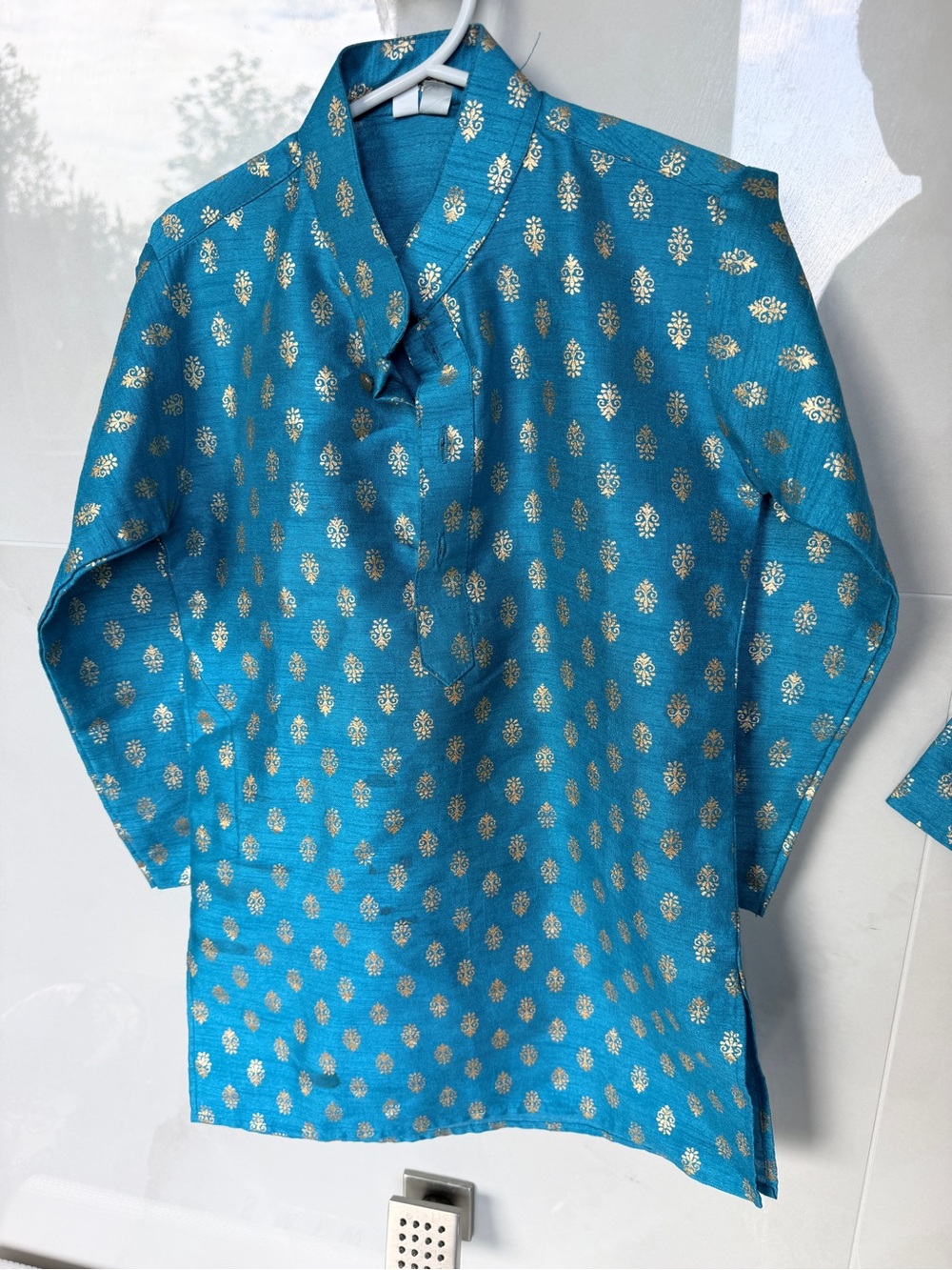 Teal Blue Brocade Tunic with Gold Motif